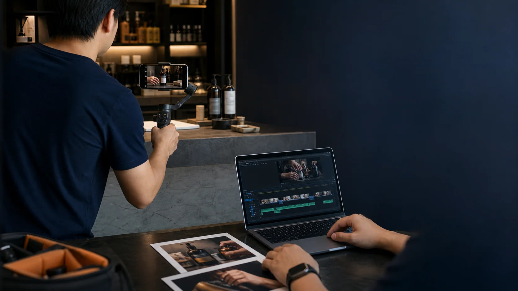 A content team filming a product and editing the video from behind