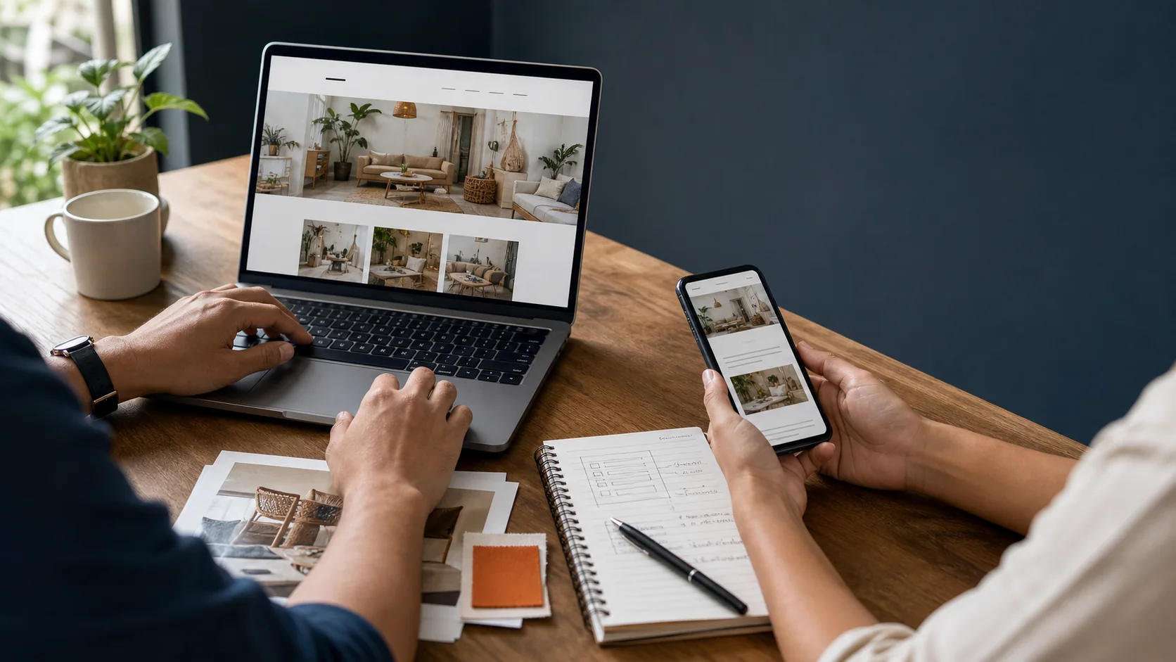 A business owner and a GroundUp collaborator reviewing a new website on a laptop and phone, surrounded by mood-board references