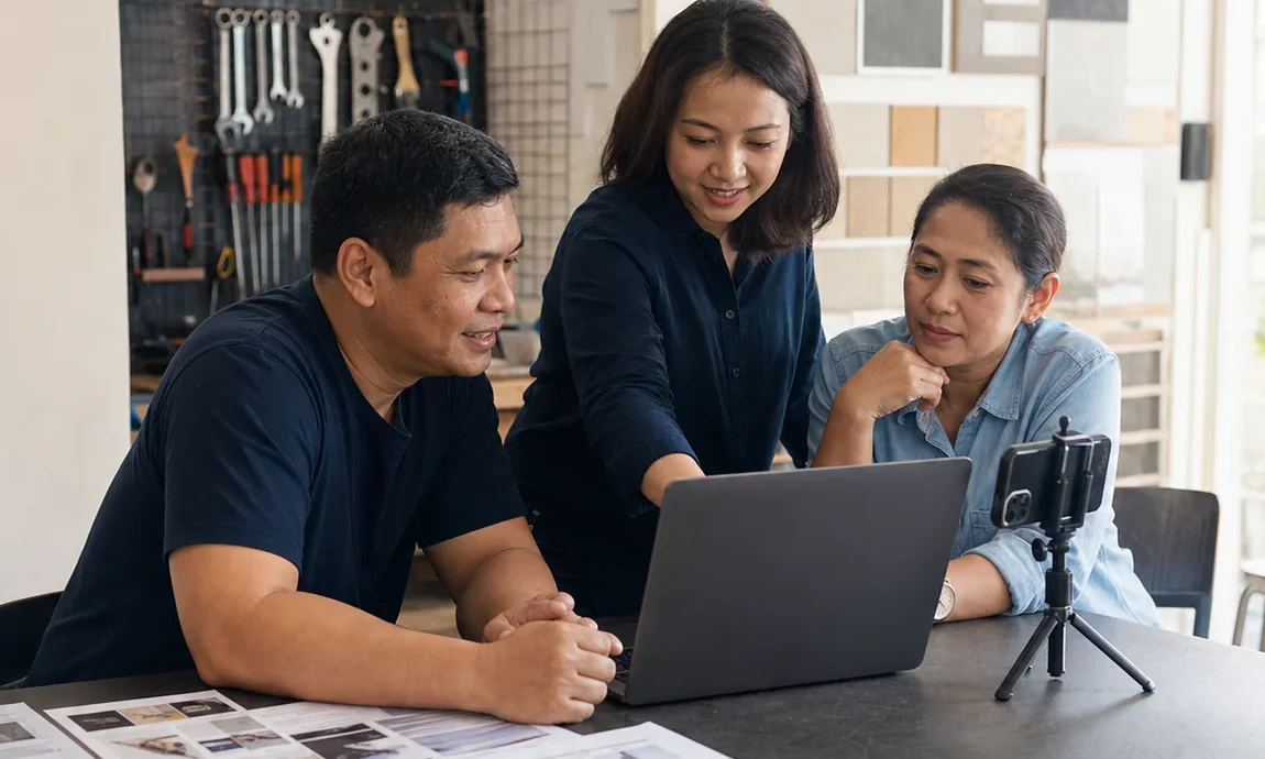 Filipino local business owners reviewing their website on a laptop with a phone on a tripod nearby
